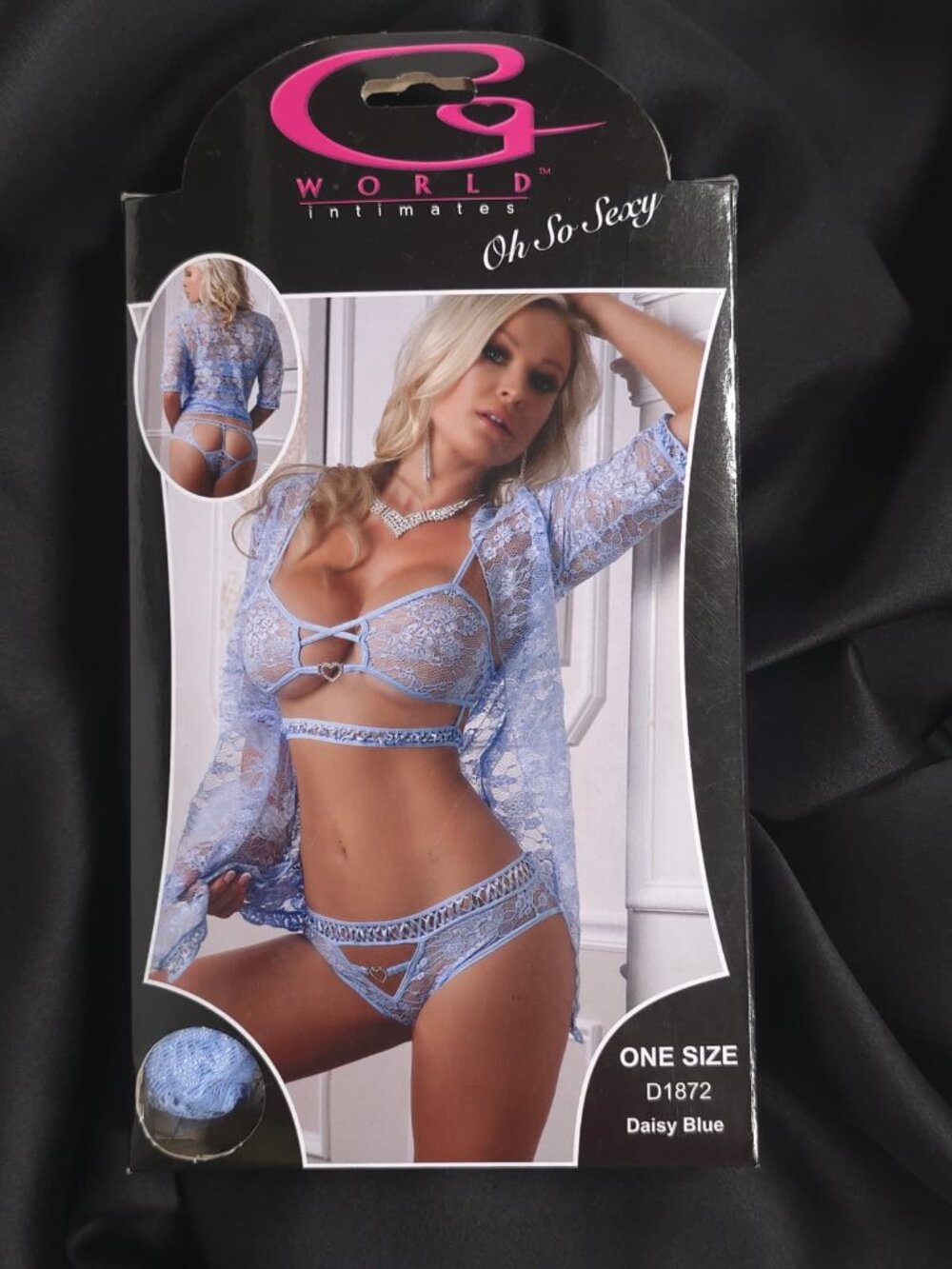 G WORLD Intimates Daisy Blue 3-Piece Lace Robe Cutout Bra Panty Set